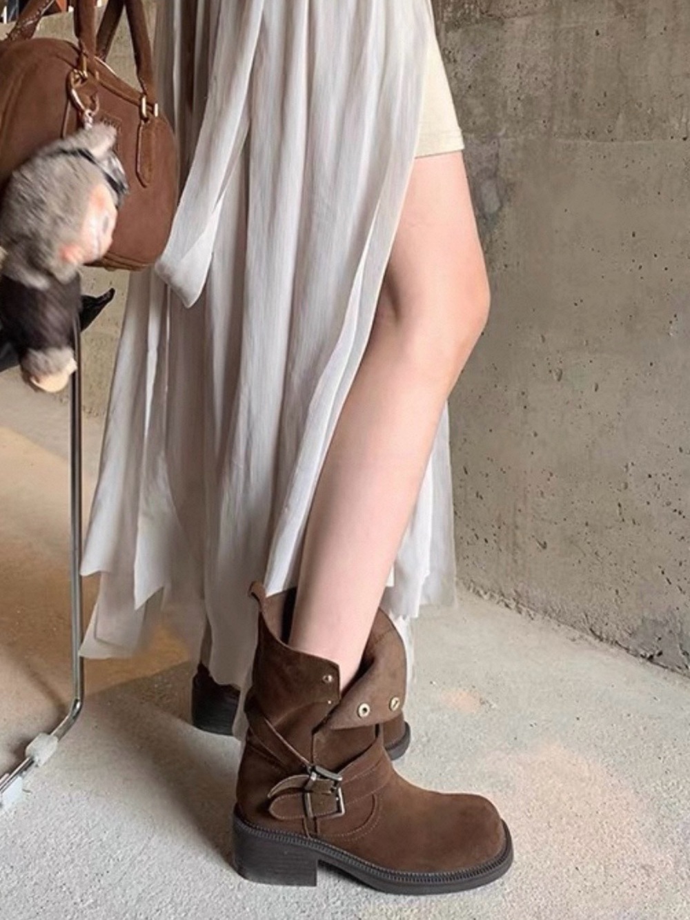 Boutique Brown Suede Leather Buckle Mid-Calf Boots